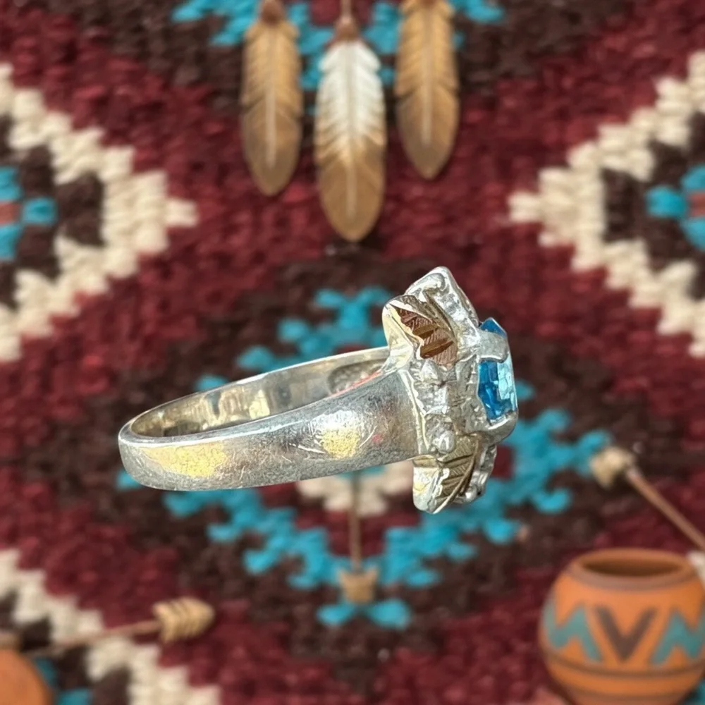 Vintage Blue Topaz-Style Leaf Ring - Women's black hills gold and stamped - Picture 4 of 5